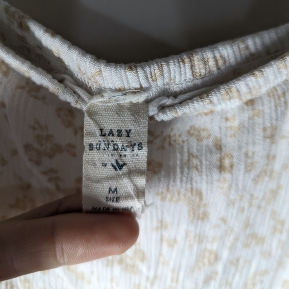 Anthropologie Lazy Sundays Tan White Ditsy Floral Knot Tie Tank Lined Dress Sz M - Picture 3 of 11